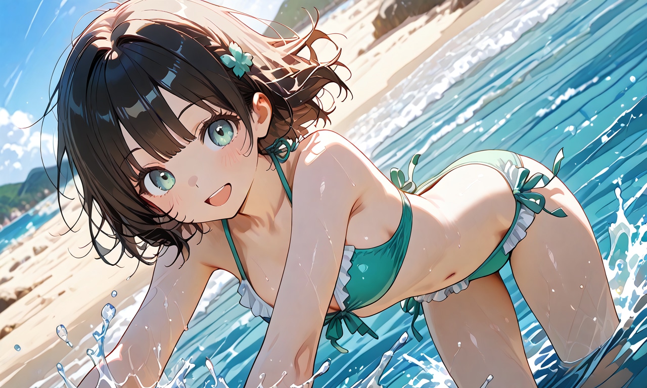海ではしゃいで