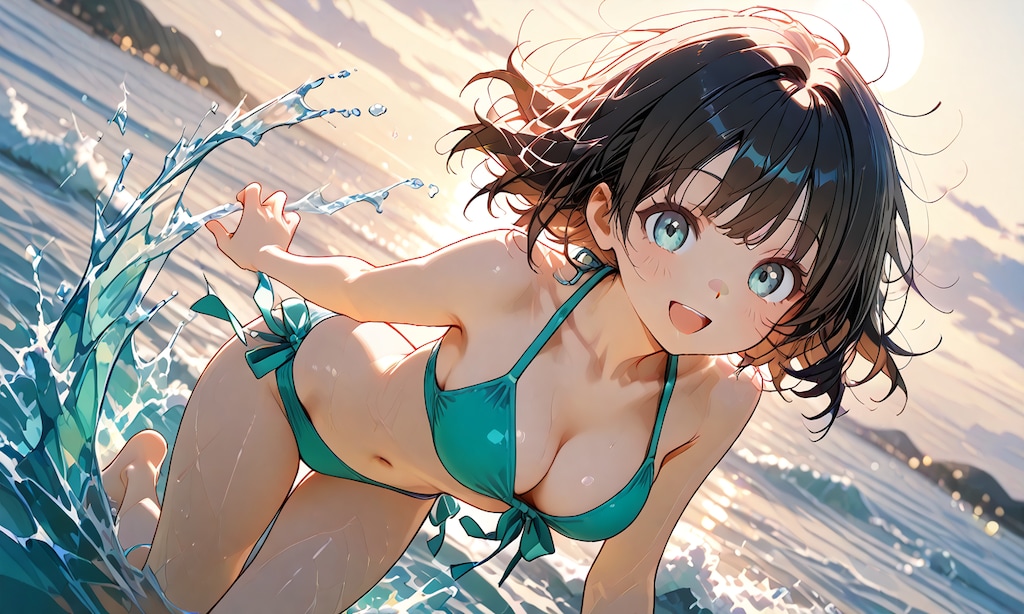 海ではしゃいで