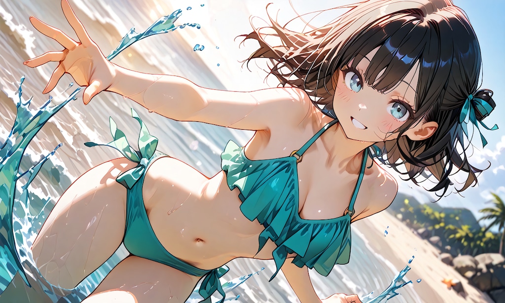 海ではしゃいで