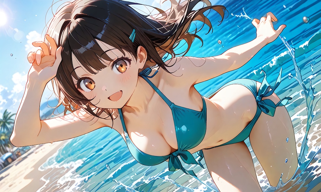海ではしゃいで