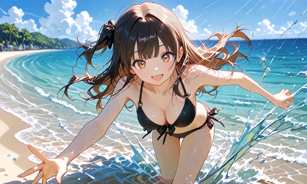 海ではしゃいで