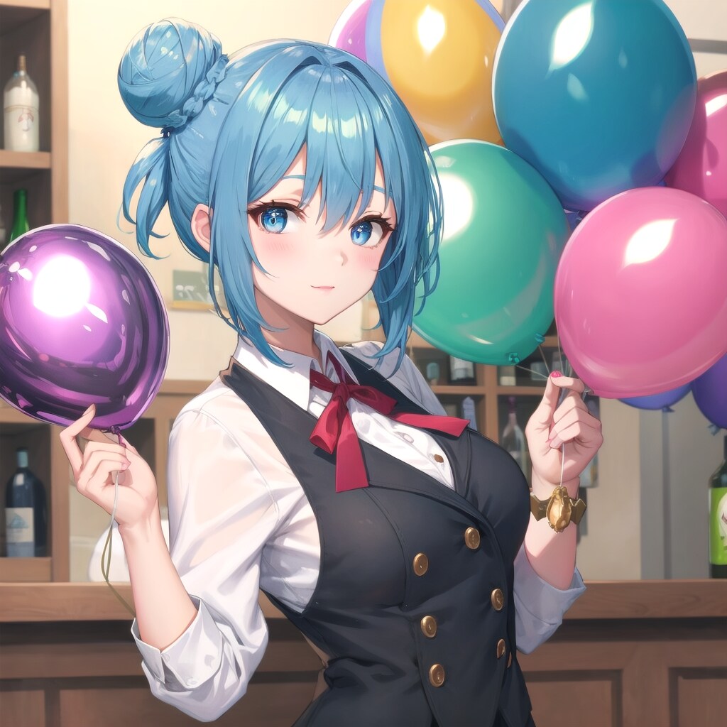 色とりどりの風船を持つ青い髪お団子ヘアのバーの美女店員さん