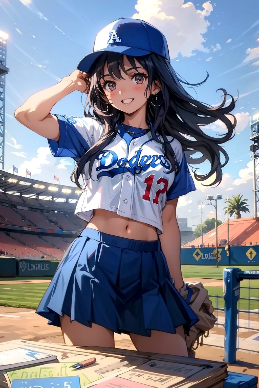 ドジャースユニフォームの黒髪少女