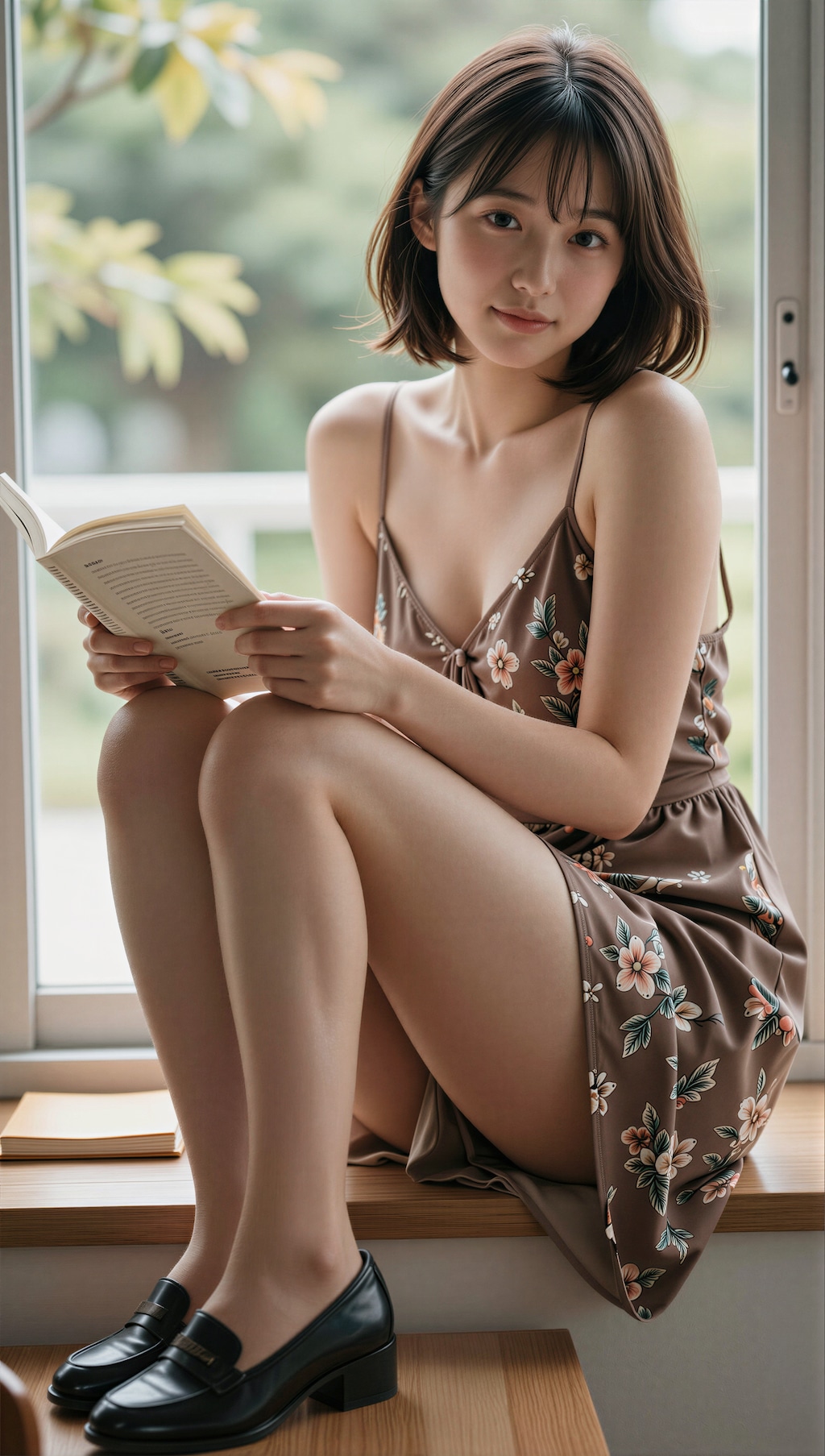 夏の窓際の花柄ワンピース 5