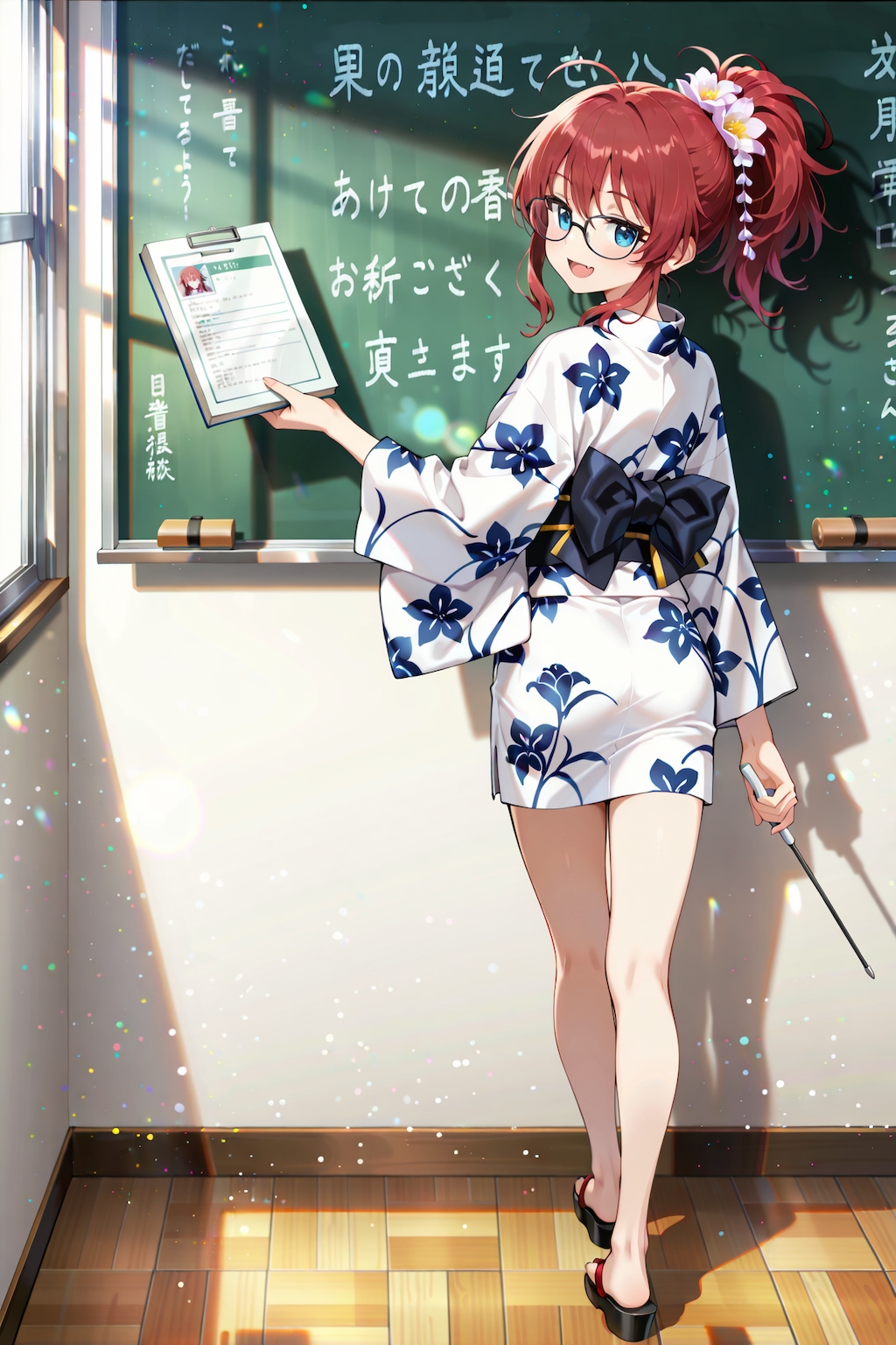 ミニ丈浴衣で授業を行うジト目先生