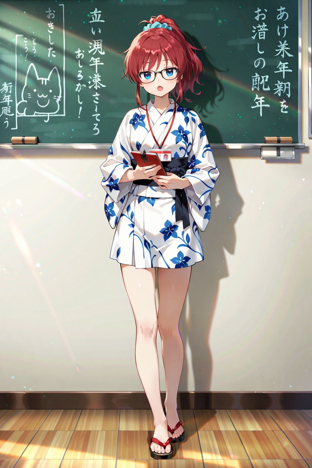 ミニ丈浴衣で授業を行うジト目先生