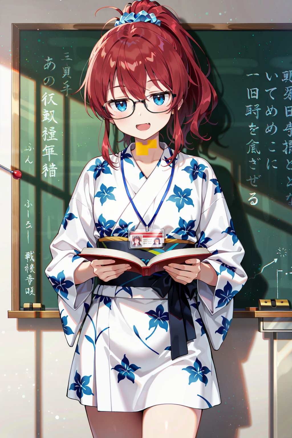 ミニ丈浴衣で授業を行うジト目先生