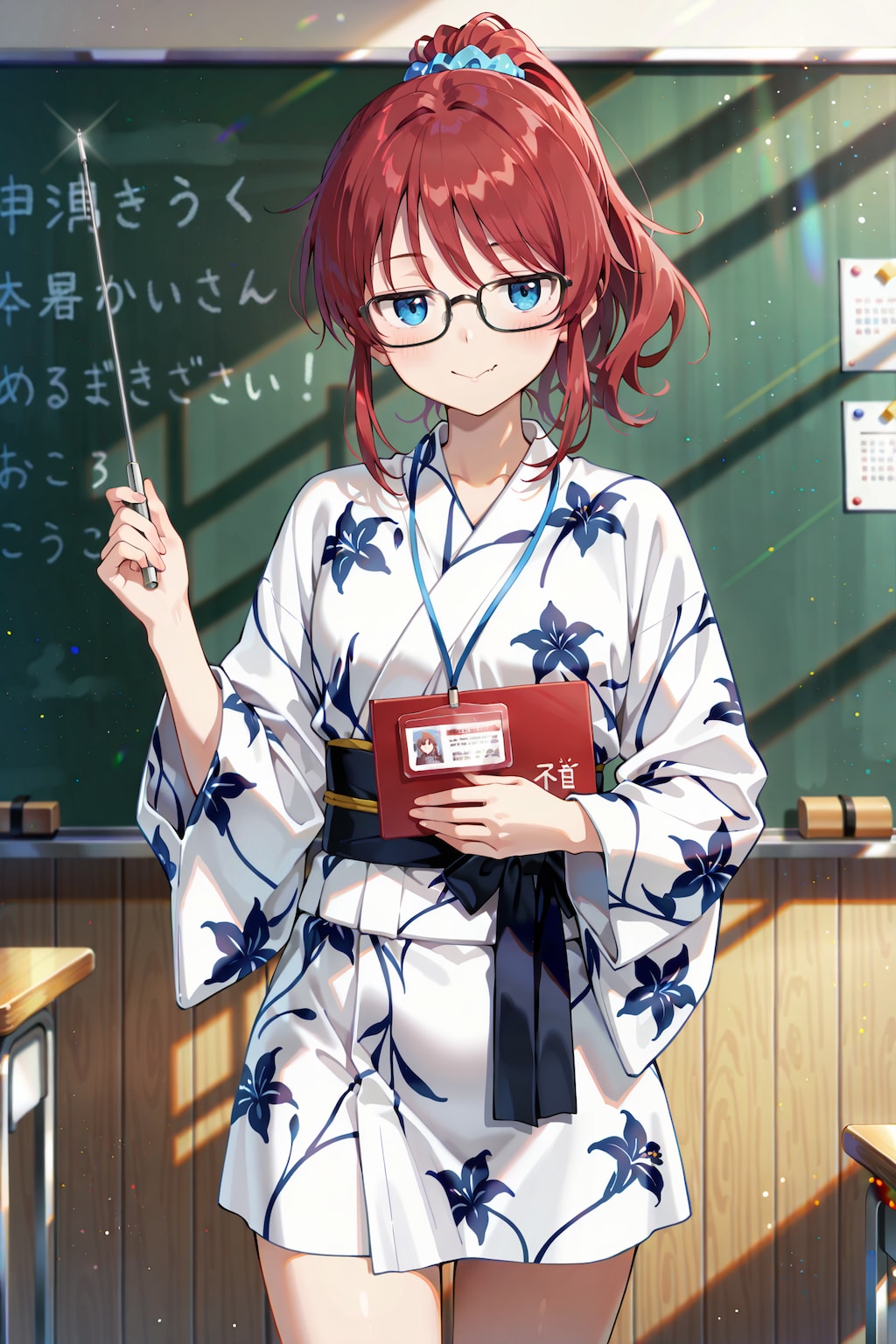 ミニ丈浴衣で授業を行うジト目先生