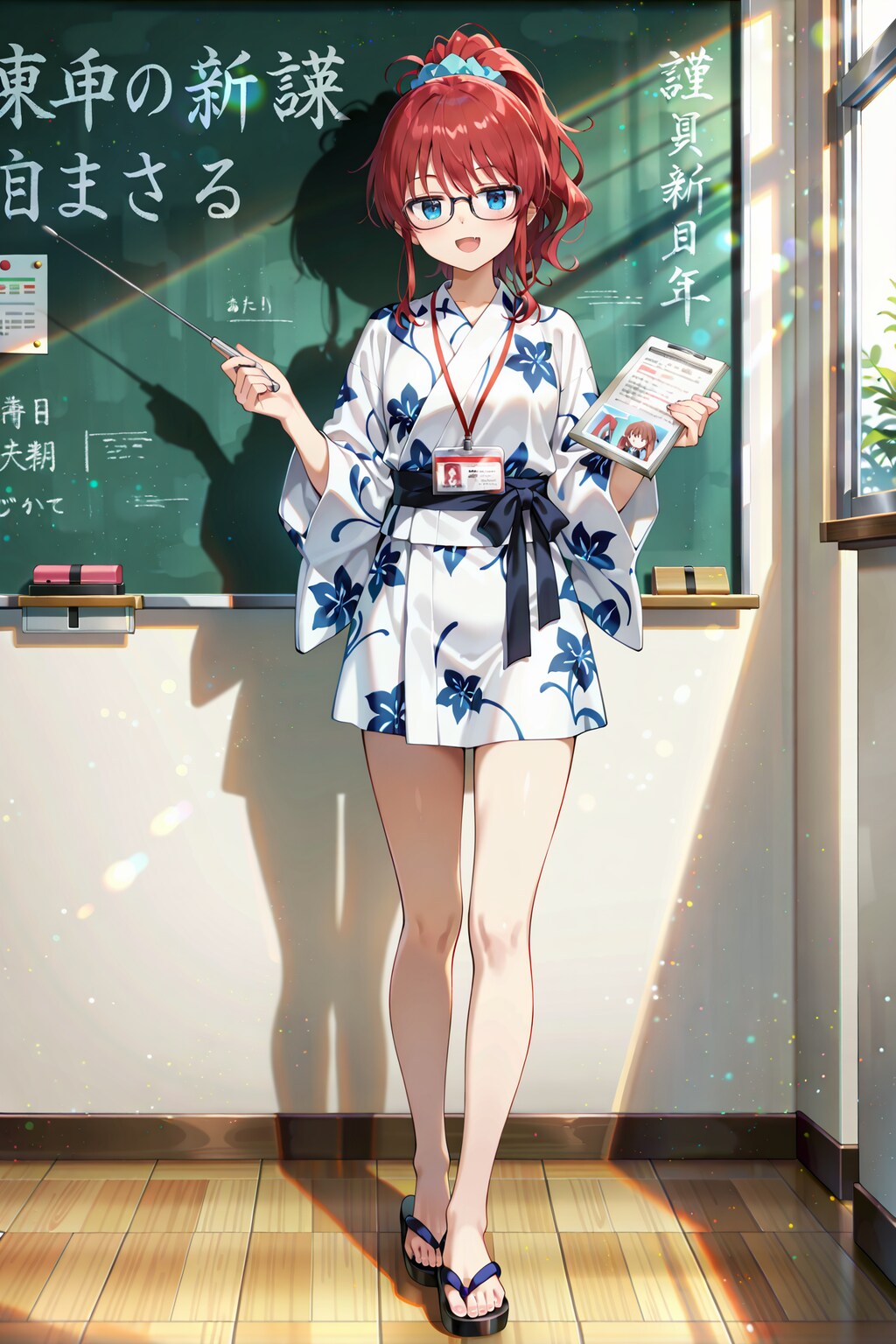 ミニ丈浴衣で授業を行うジト目先生