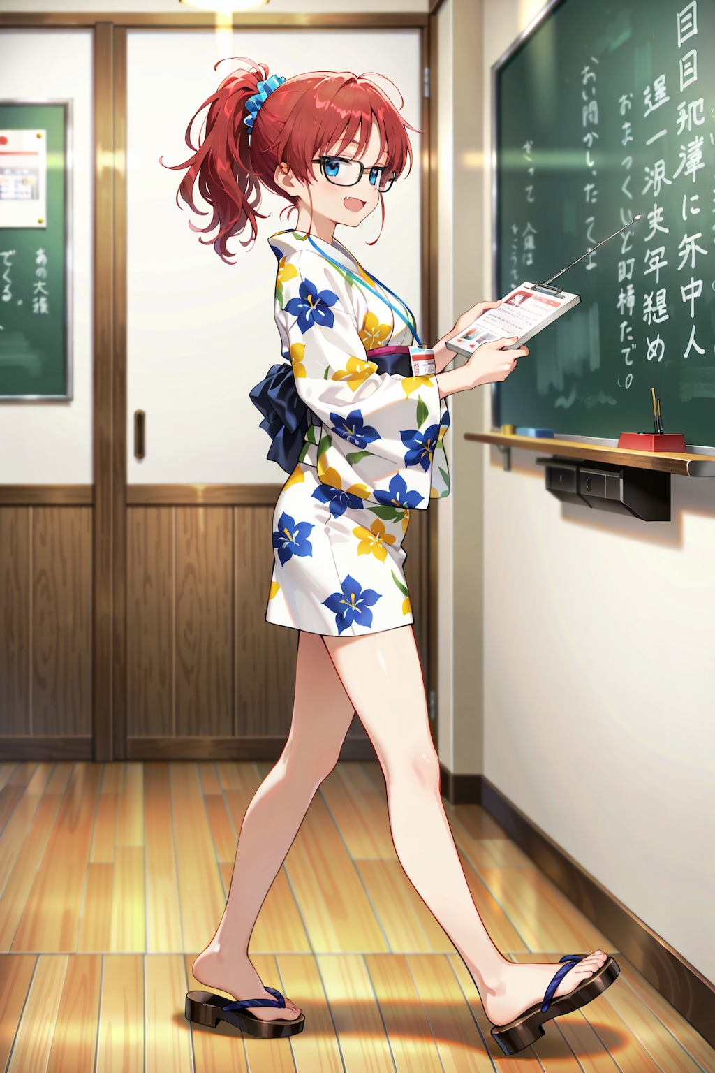 ミニ丈浴衣で授業を行うジト目先生