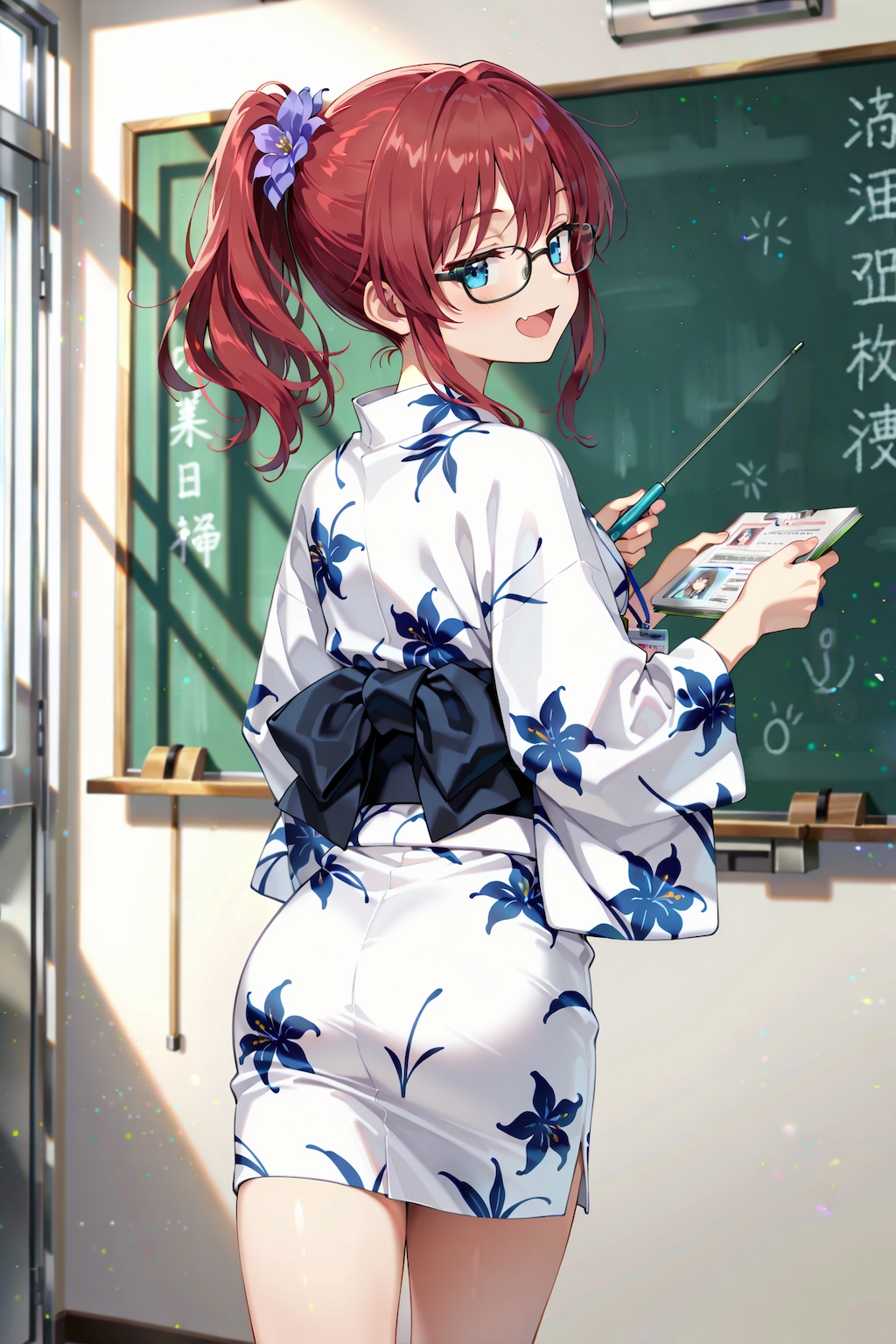 ミニ丈浴衣で授業を行うジト目先生