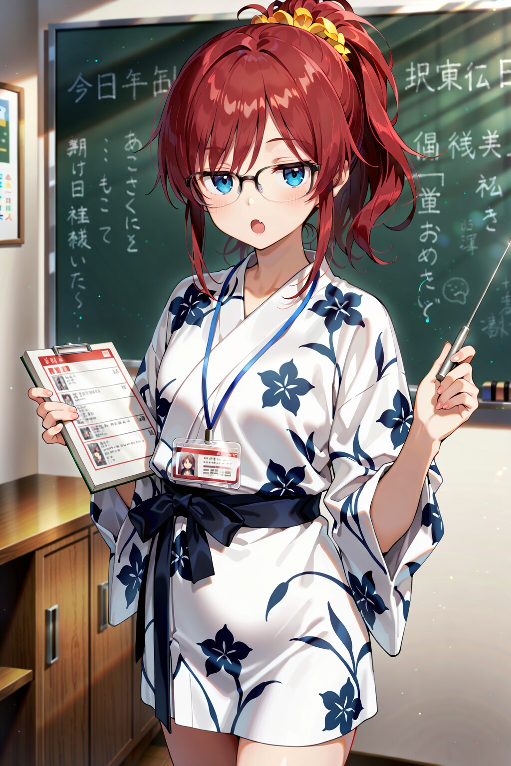 ミニ丈浴衣で授業を行うジト目先生