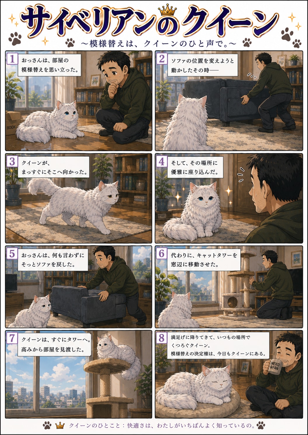 猫漫画6シリーズ   サイベリアンのクィーン 模様替えは、クイーンの一言で。  ちびキャラ ベビークイーン ふわふわの誘惑  クイーンと無職のおっさん現代版 改行だけ整えて、肝心の中身が薄くなった日