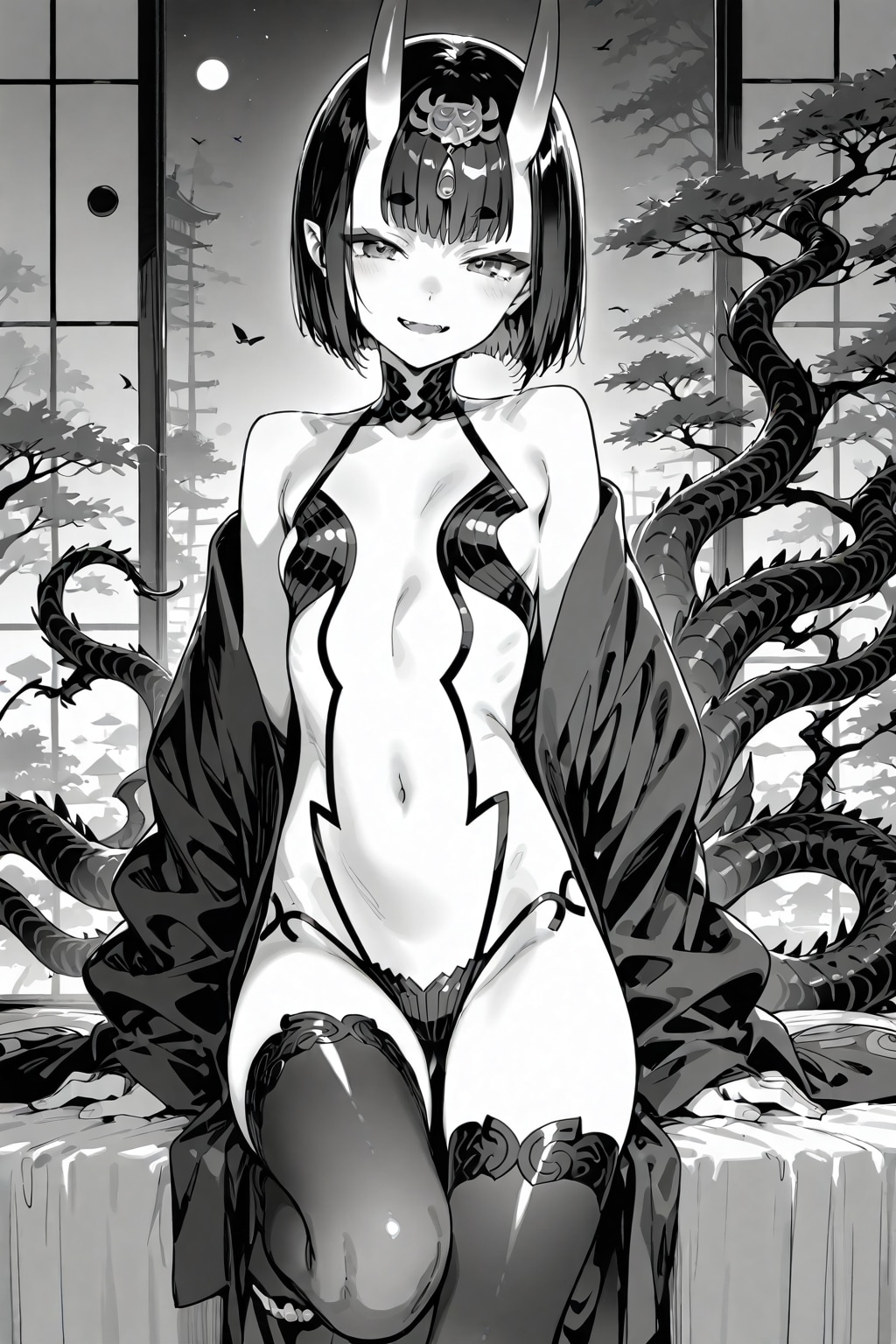 黒の木炭描かれた「酒呑童子」の単色絵画