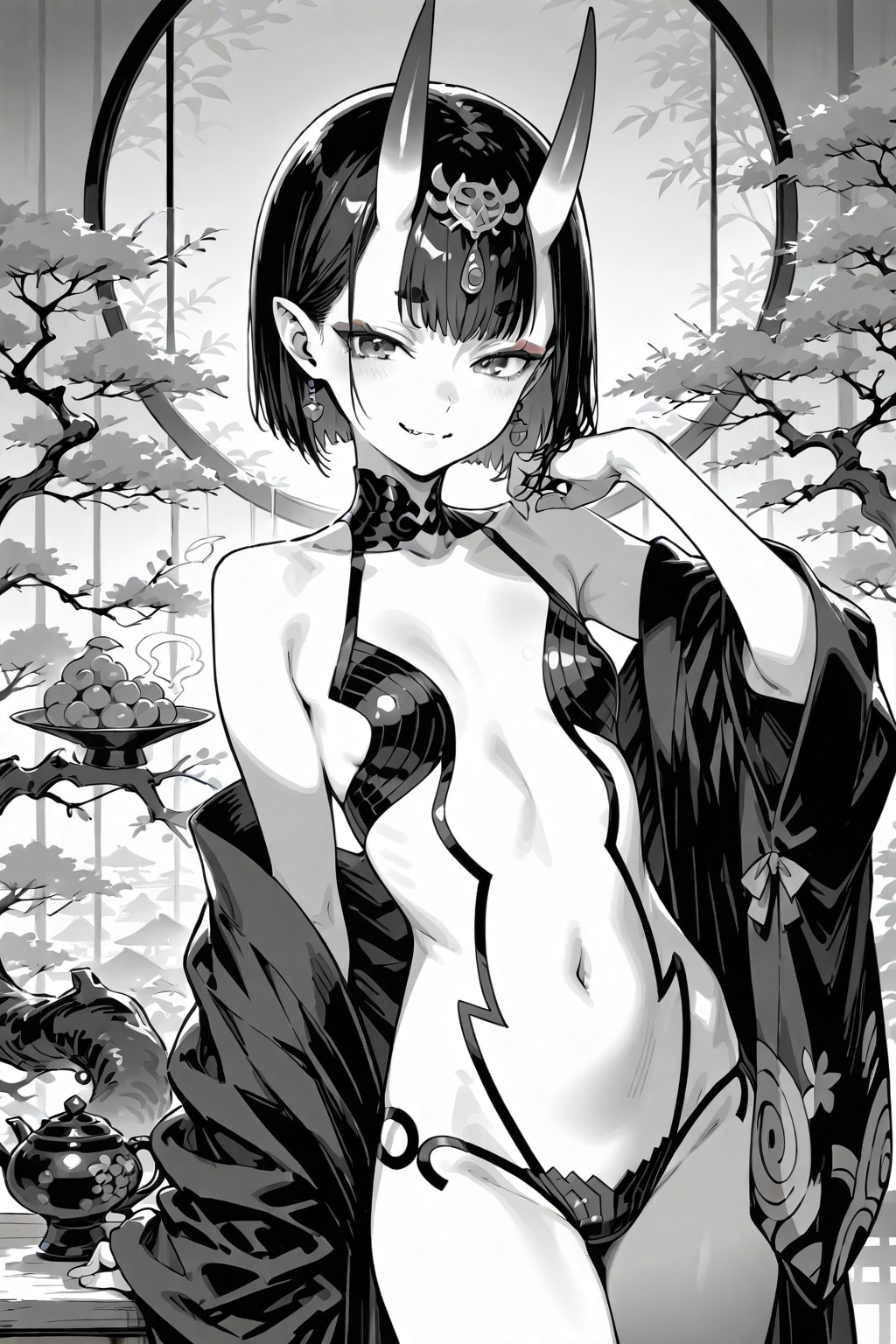 黒の木炭描かれた「酒呑童子」の単色絵画