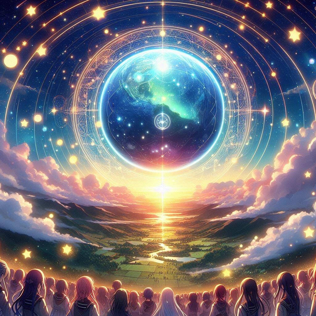 星空に浮かぶ巨大な物体の動向を見守る女の子達