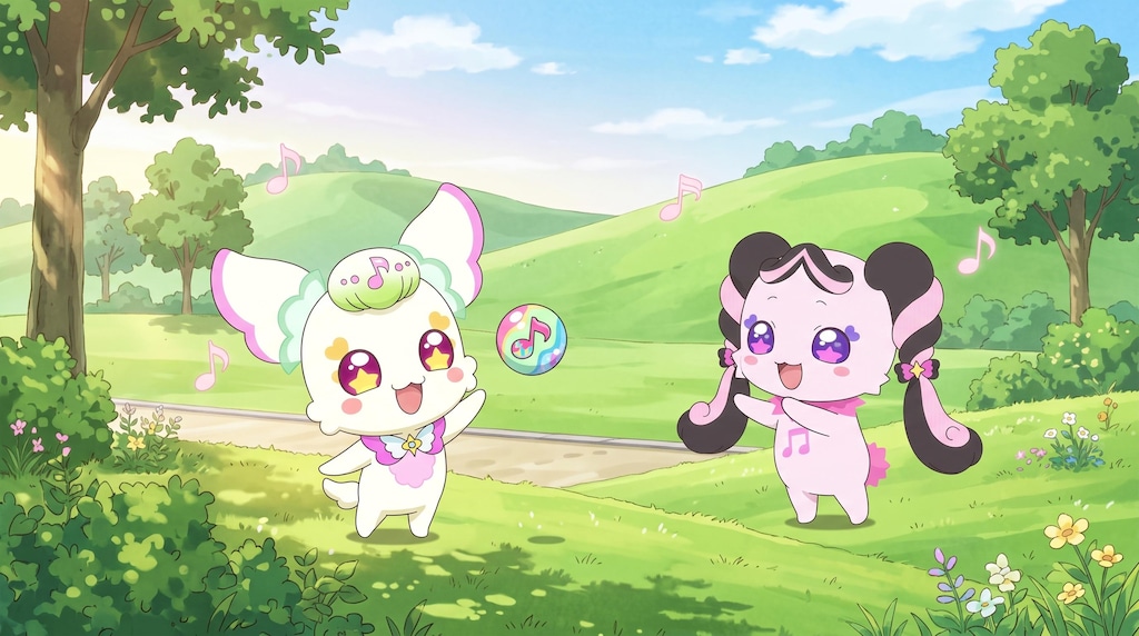 プリルンとメロロン、ボール遊びをする