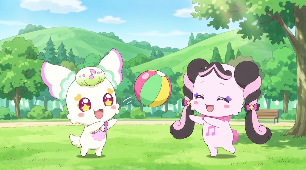 プリルンとメロロン、ボール遊びをする