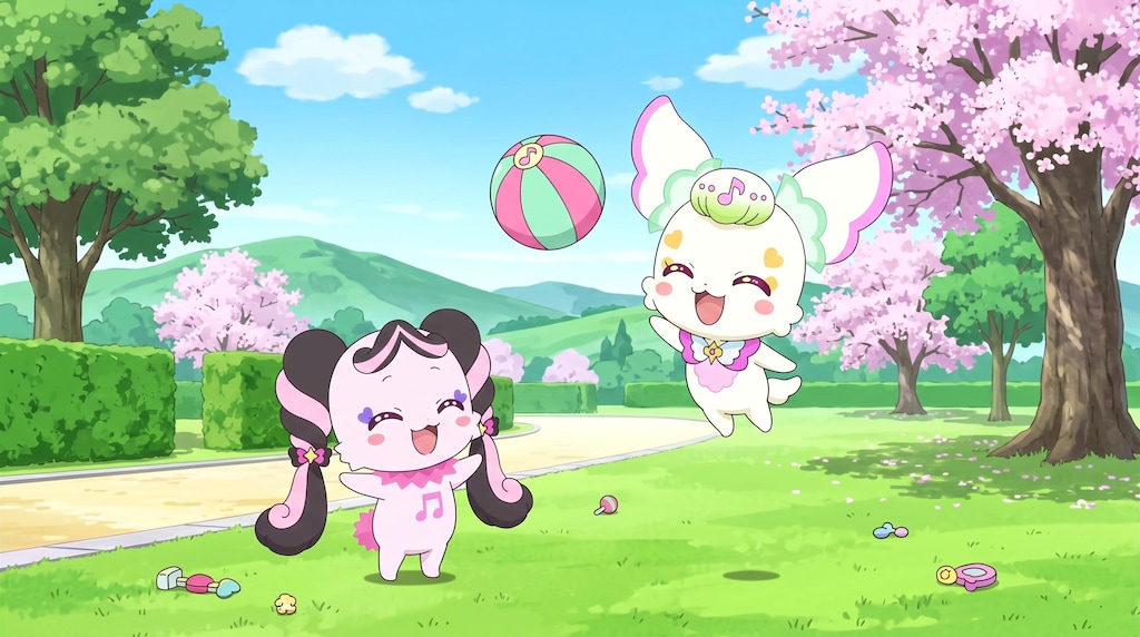 プリルンとメロロン、ボール遊びをする
