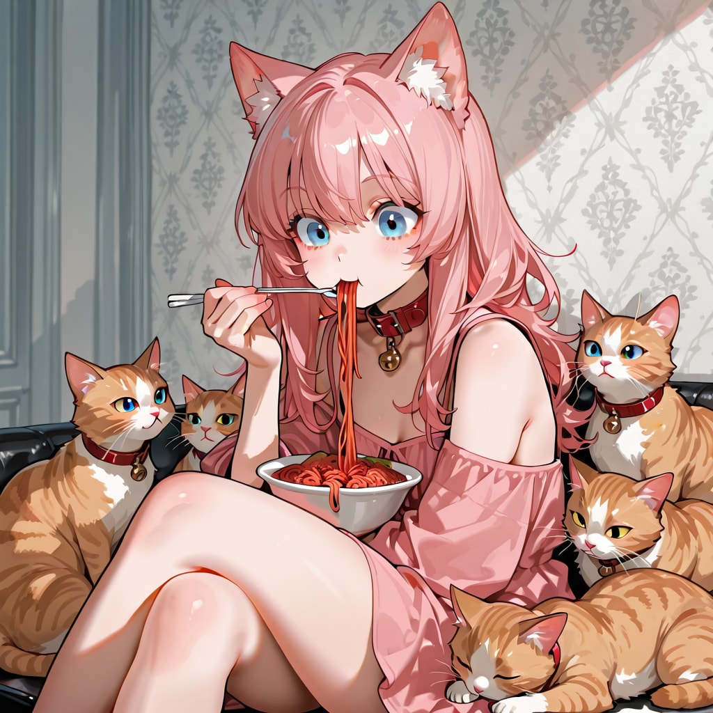 猫に囲まれながら夜食のスパゲッティを食べる早く寝て中途半端に起きてまた寝て寝坊する系女子 | の人気AIイラスト・グラビア