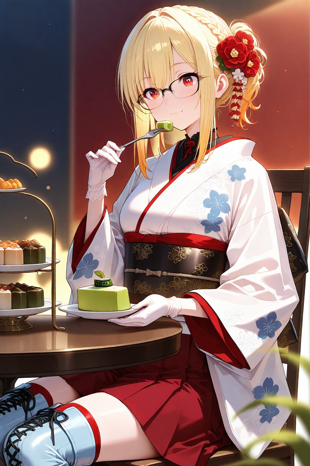 抹茶ケーキと金髪ちゃん