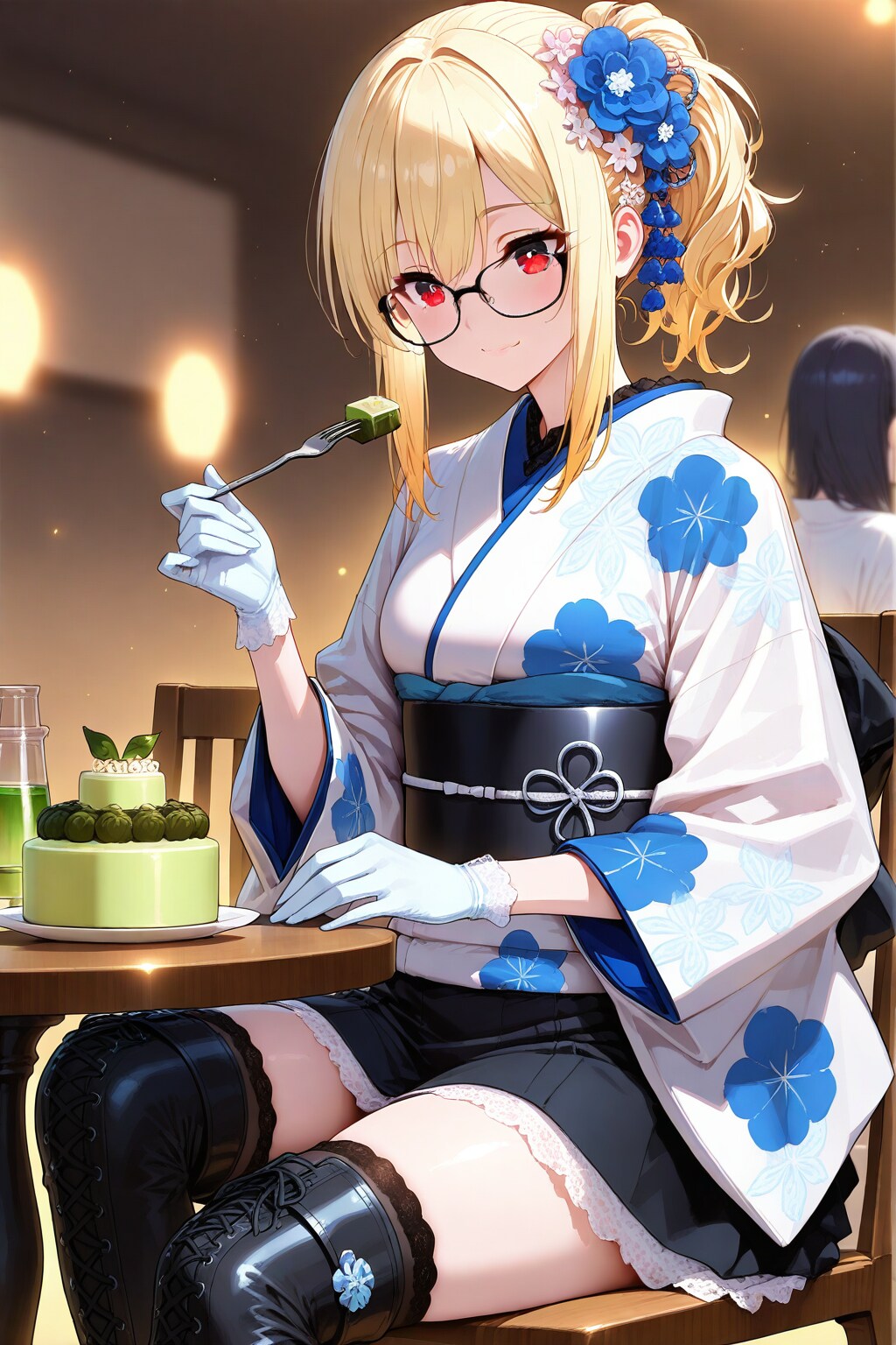 抹茶ケーキと金髪ちゃん