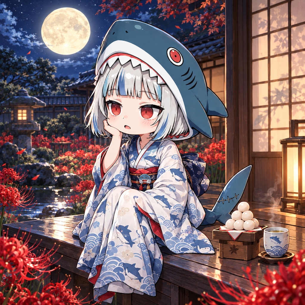 お月見するサメ美ちゃん