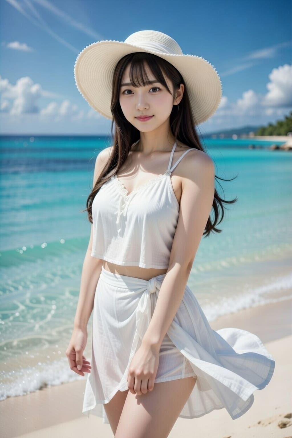 黒髪ロングの砂浜の美女