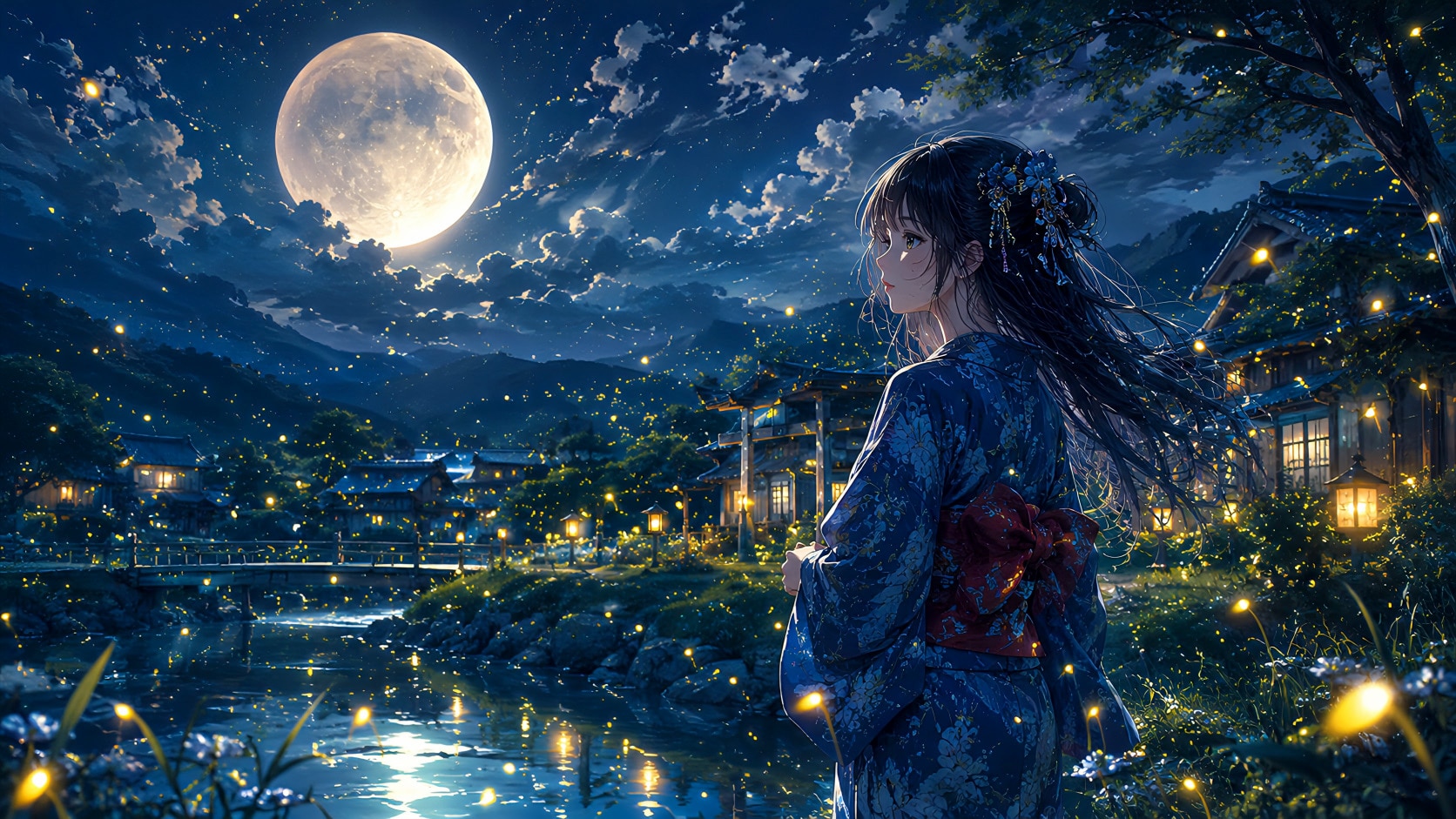 月明かりの村と蛍の夜
