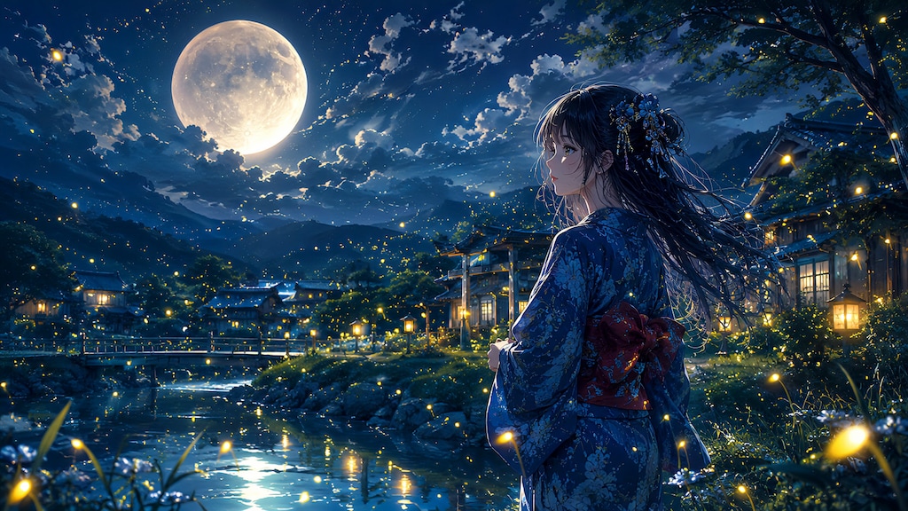 月明かりの村と蛍の夜