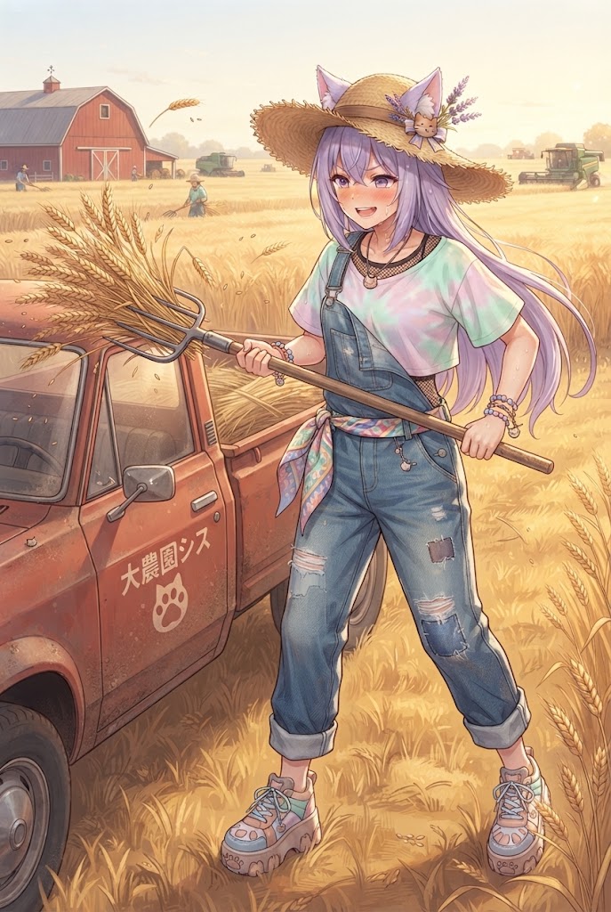 大農園で麦刈りをするシス | の人気AIイラスト・グラビア