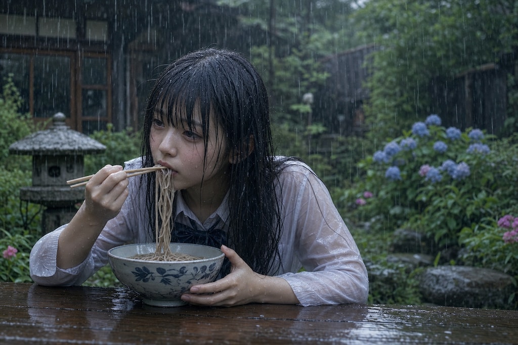 梅雨の汁で蕎麦を食べる少女