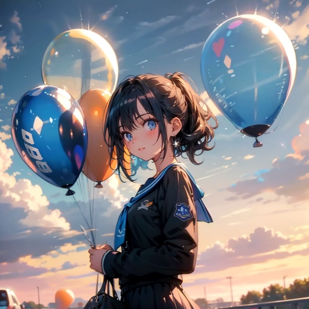 色とりどりの風船を持つ黒髪ポニーテール青いメッシュの髪色のセーラー服着た美少女