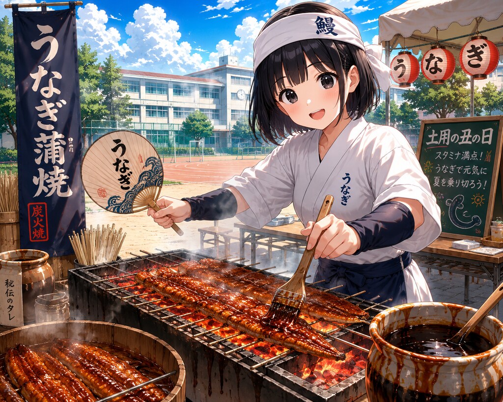 土用の丑の日に鰻の蒲焼きを作っている女の子