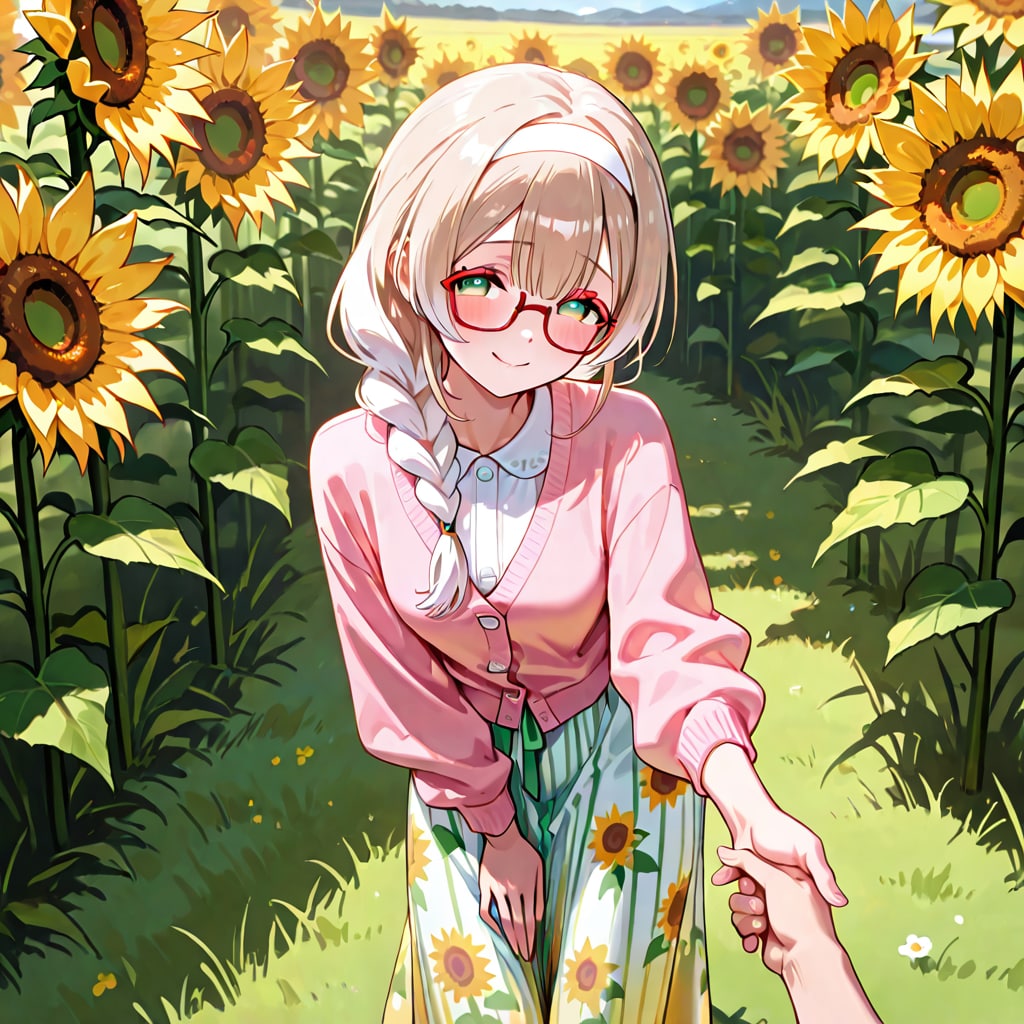 向日葵に囲まれて