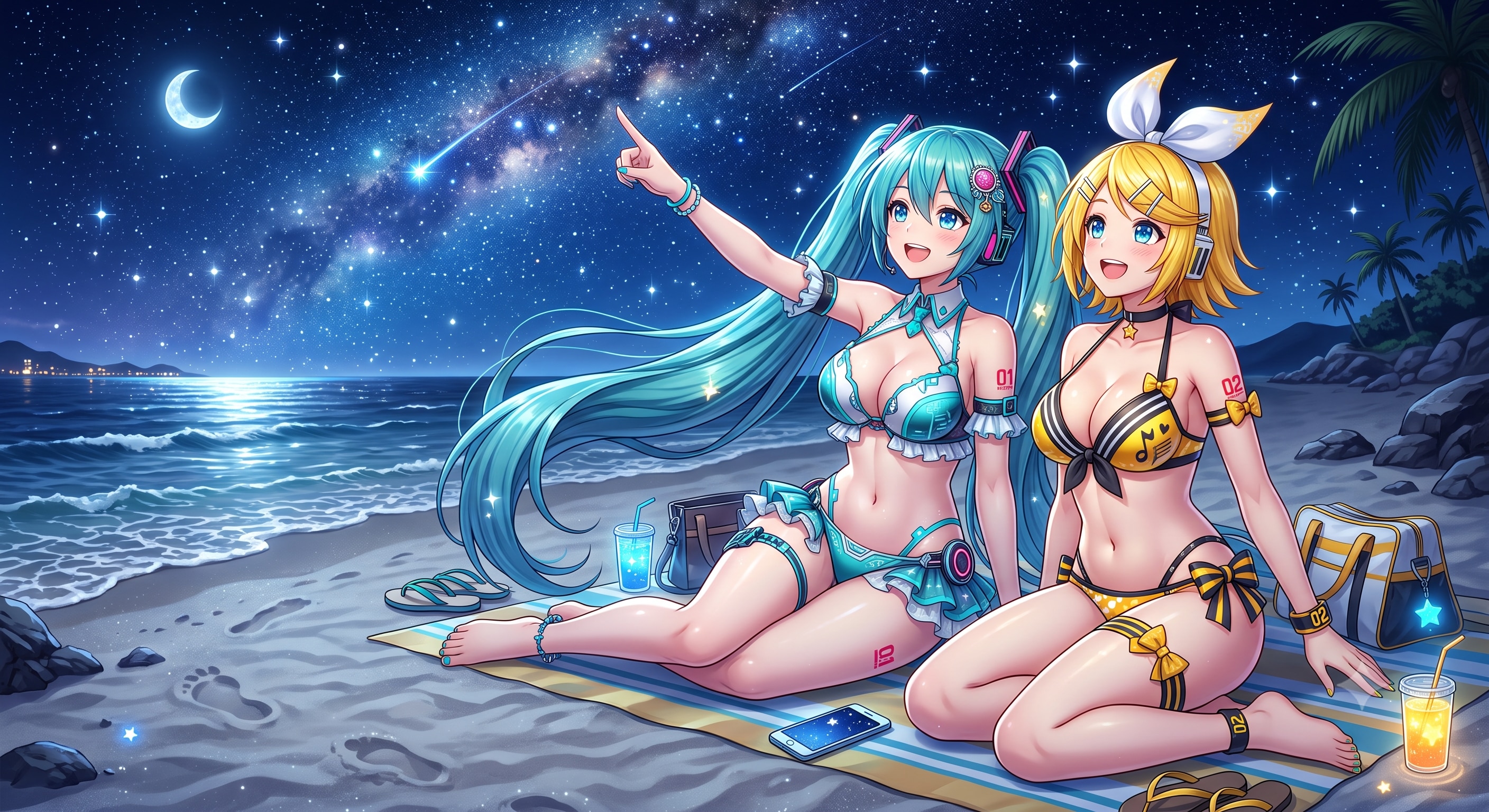 星空の浜辺にミクさんとリンさん