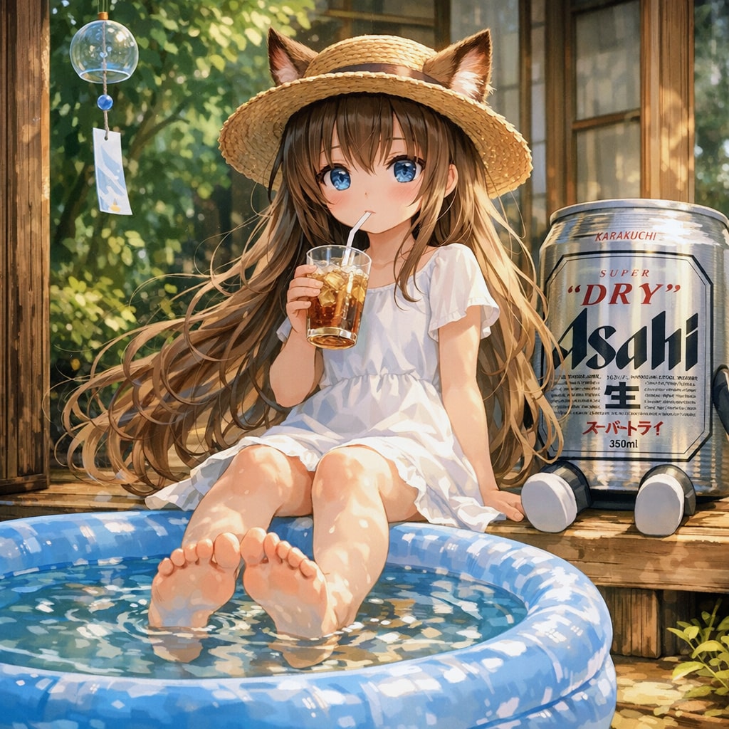 ビニールプールで涼を取る小さな女の子