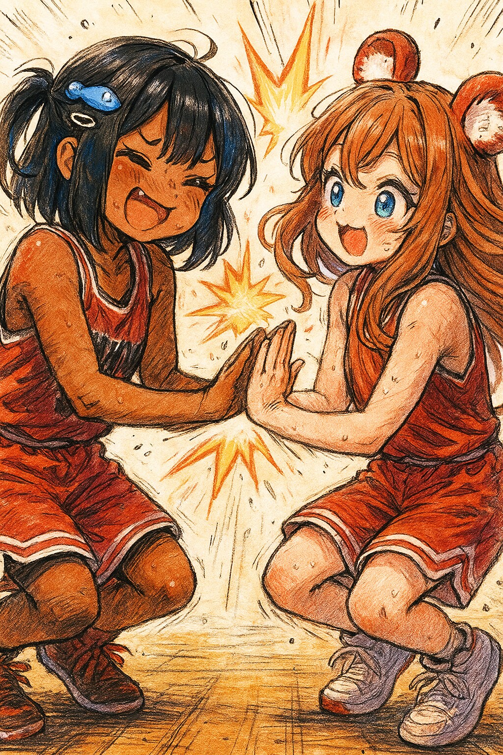 バスケで喜びを分かち合うこなつちゃんと小さな女の子