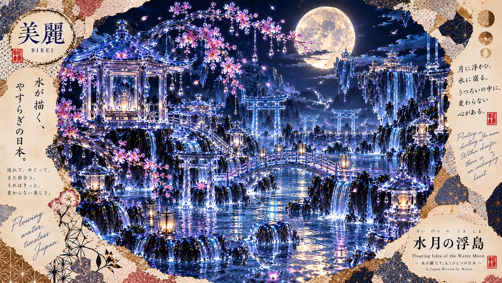 Floating in the moon, dwelling in the water.  Water paints its own kind of peace. It flows, it circl | の人気AIイラスト・グラビア