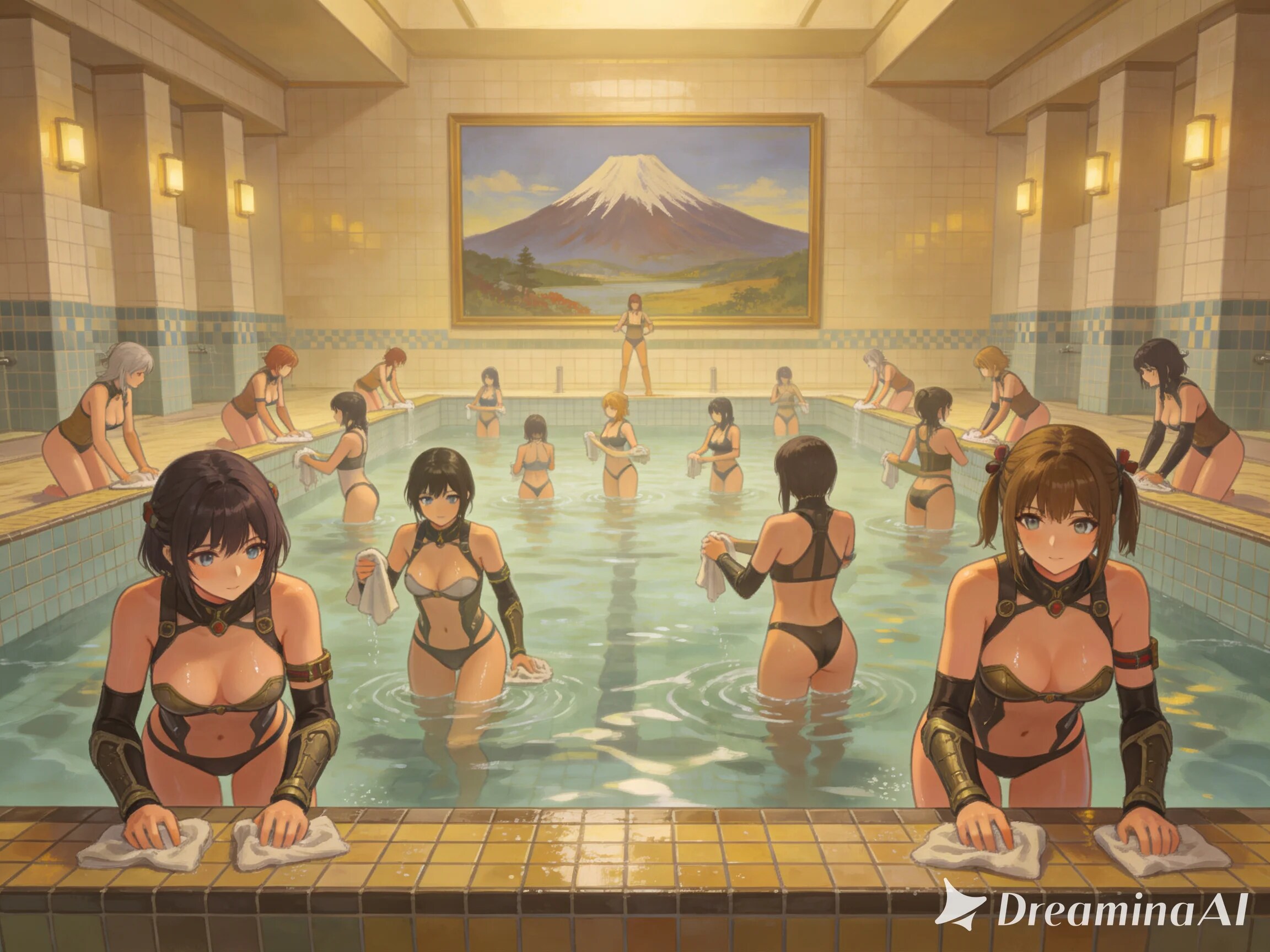 戦闘服で銭湯拭く
