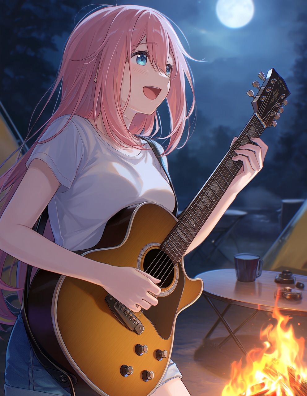 キャンプ場でギターを弾くなでしこ(PixAI版)
