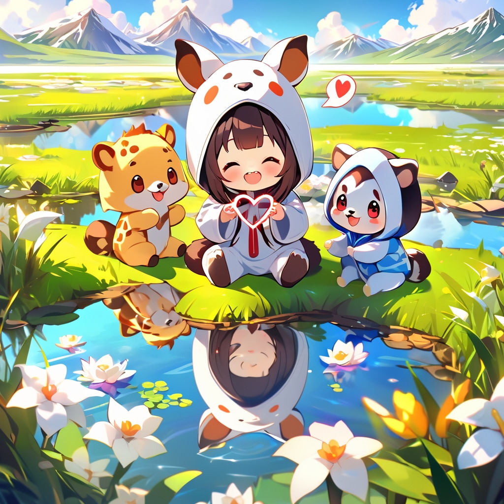 山奥の湿原で遊ぶキリン着ぐるみちび子ちゃん