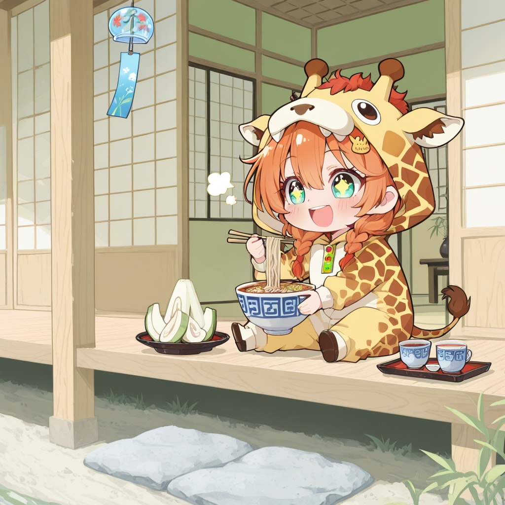 うどんを食べるキリン着ぐるみちび子ちゃん