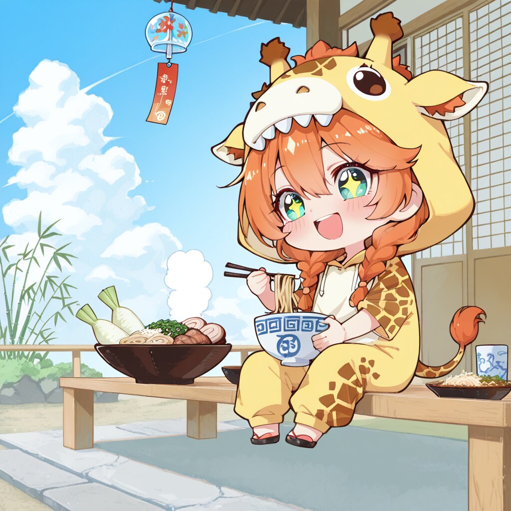 うどんを食べるキリン着ぐるみちび子ちゃん