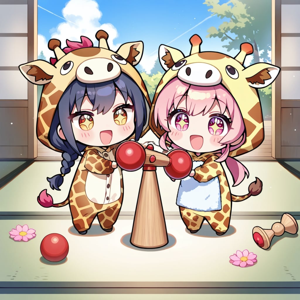 けん玉？で遊ぶキリン着ぐるみちび子ちゃん