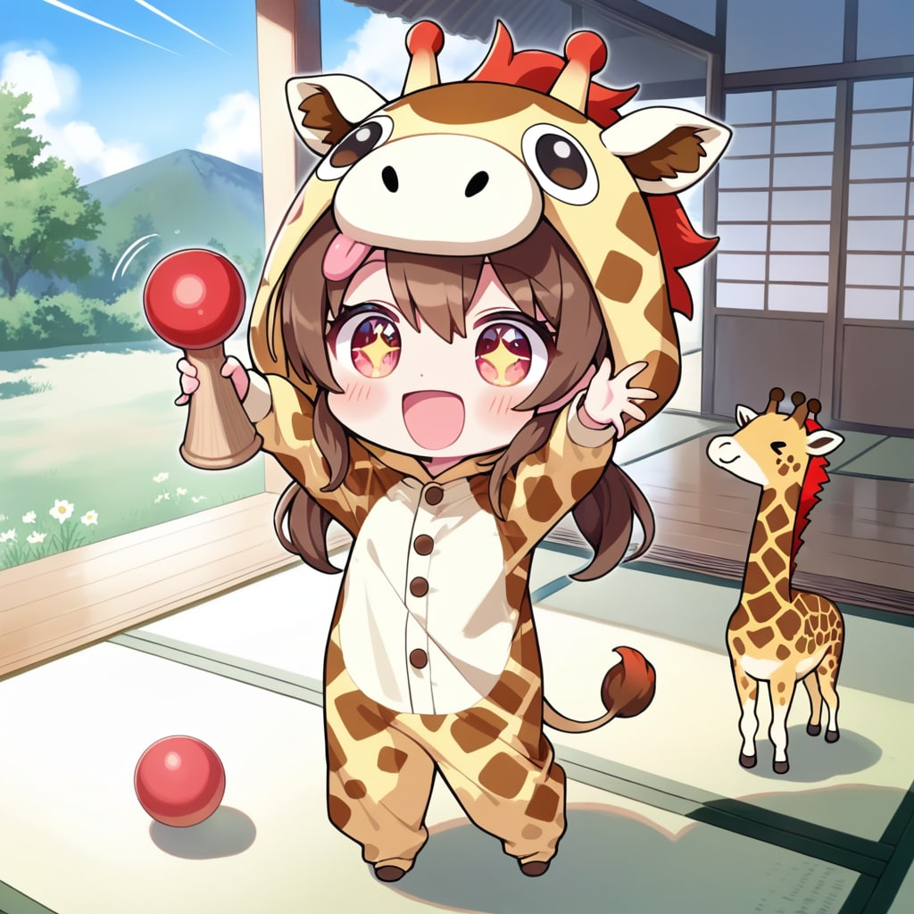 けん玉？で遊ぶキリン着ぐるみちび子ちゃん | の人気AIイラスト・グラビア