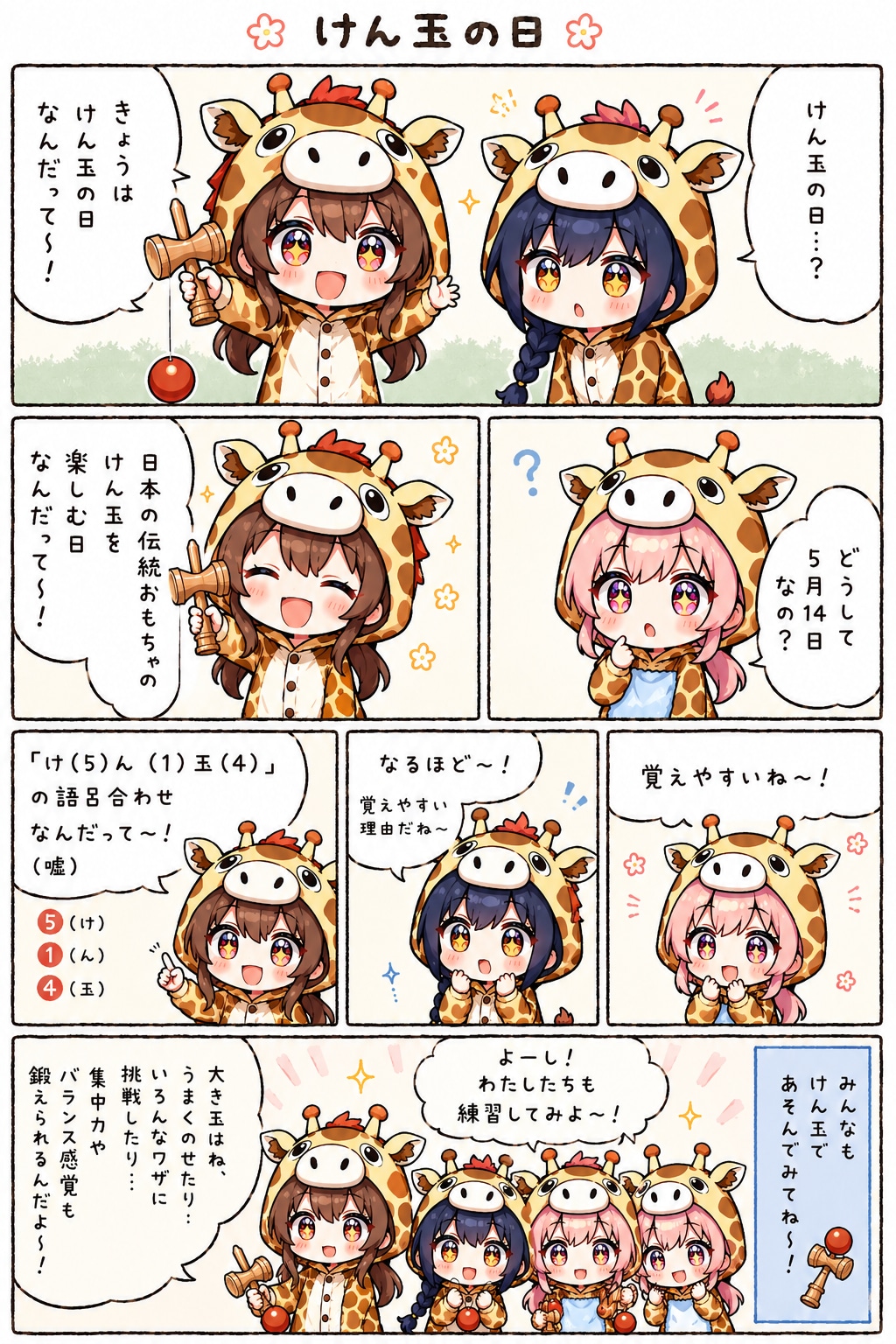 けん玉？で遊ぶキリン着ぐるみちび子ちゃん