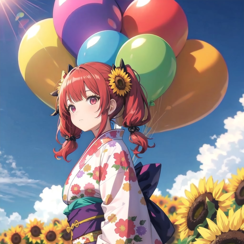 ヒマワリ畑でいっぱい色とりどりの風船を持つ赤い髪ツインテールの紫色の花柄の着物着た美女
