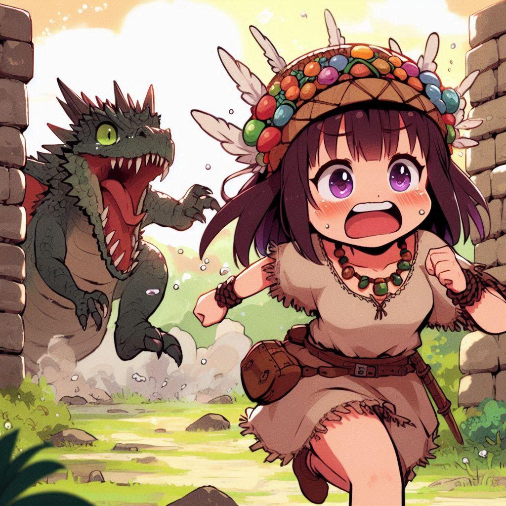 ドラゴンに追われる　原始人の少女 | の人気AIイラスト・グラビア