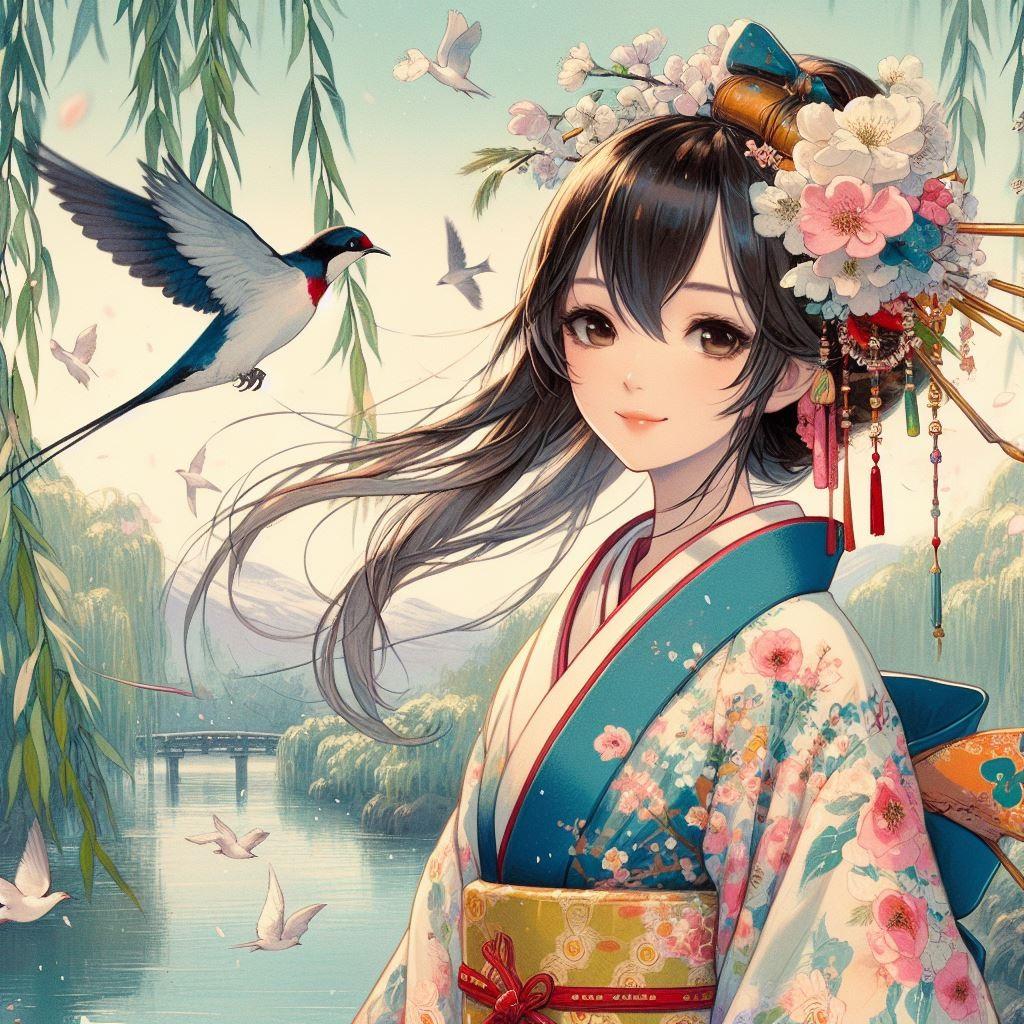 霜月／柳に燕